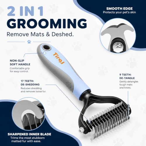 TIROL Dematting Comb for Dogs, Pet Grooming Rake, Double-Sided Dog Brush for Shedding, Undercoat Mat Dematting Tool for Long Haired Cats, Deshedding Brush for Cats, Blue - Image 2