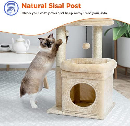 PEQULTI Small Cat Tree Tower for Indoor Cats, Sisal Post & Cozy Condo Beige - Image 6