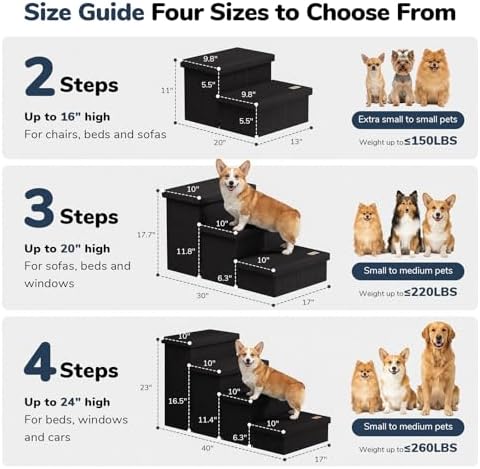 2-Step Wide Dog Stairs with Storage 11" H, Non-Slip Sturdy Pet Steps for Couch Chair, Dog Steps for Small/Medium Old Dogs, Cats, Rabbits Up to 150lbs, Foldable Cat Puppy Stairs for Car, Black - Image 2