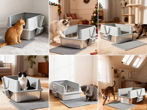 Stainless Steel Cat Litter Box with Lid, Large Metal Litter Box Stainless Steel with Mat & Scoop, Odor-Free/Anti-Leakage & Non-Stick/Easy Clean, High-Sided Litter Box for Multiple Big Cats(XL/Grey)