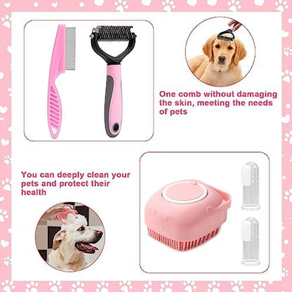 VCZONE 8 Pcs Dog Grooming Kit with Self Cleaning Tools: Nail Clipper, Flea Comb, Shampoo Brush, Shedding Brush, Dematting Comb, Silicone Toothbrush (Pink) - Image 6