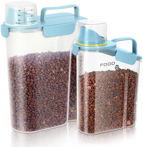 LEAWALK Dog Food Storage Container, Upgraded Large Nozzle BPA-free, 3+5 LBS Plastic Pet Food Storage Containers, With 4 Sealed Clasps, 1 Measuring Cup and Handle (Bright blue) by LEAWALK