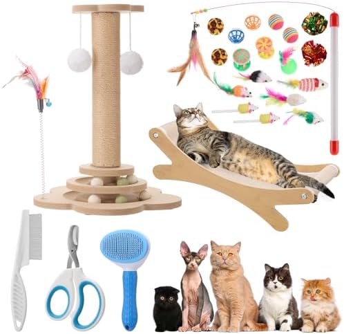 Seenelling 25 Pcs Kitten Starter Kit for Indoor Cats Include Cat Scratching Post, Sisal Scratcher Bed, Brushes, Nail Clipper, Balls for Indoor Kittens Supplies Accessories Welcome Gift by QianRuu
