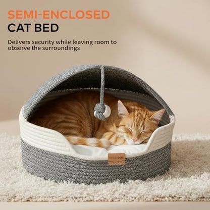 CHEERPALS Cat Basket Bed with Washable Cushion and Ball Rope Cotton, Covered Pet Bed for Indoor Cats Cave Bed Hooded, Stimulicat Cat Bed Handwoven Breathable, All Season Universal(Blue) - Image 4