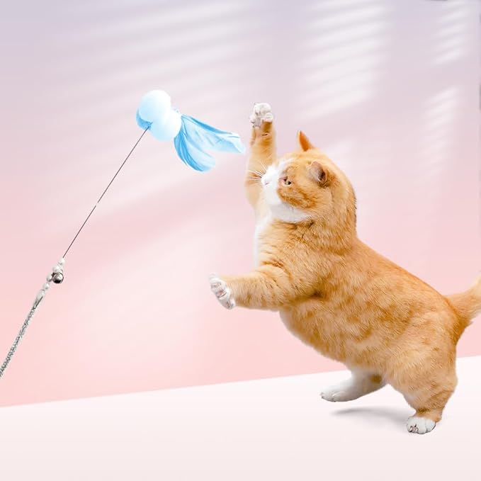 Cat Wand Toys, 5Pcs Interactive Kitten Feather Wand Toys for Bored Indoor Cats, Cat Teaser Wand with Bell and Crinkly Paper, Blue