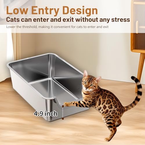 Stainless Steel Cat Litter Box, Steel Litter Pan with Curved Low Entry, Leak Proof 6 Inch High Side for Urine, Easy Entry for Kittens Older Cats, No Slip, 23.6" x 15.7" x 7.9", Grey - Image 3