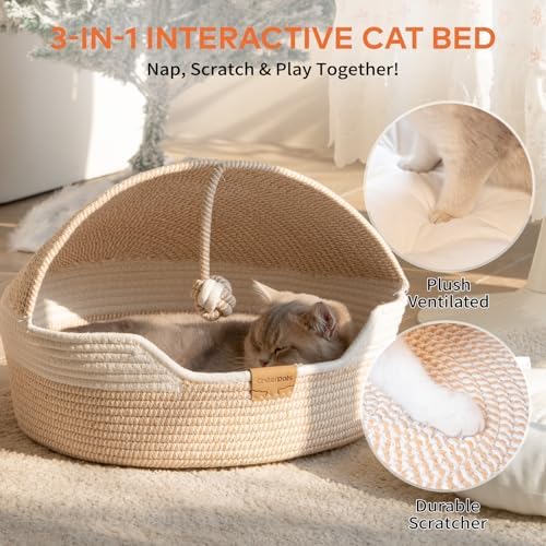 CHEERPALS Cat Basket Bed with Washable Cushion and Ball Rope Cotton, Covered Pet Bed for Indoor Cats Cave Bed Hooded, Stimulicat Cat Bed Handwoven Breathable, All Season Universal(White) - Image 5