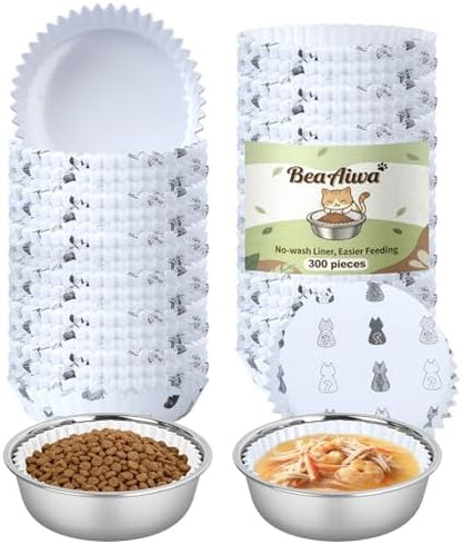 Cat Bowl Set (300 Disposable Pet Bowl Liners with 2 Stainless Steel Bowls) by Unknown