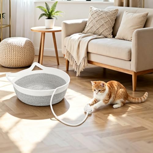 Cotton Rope Woven Cat Bed, Instinct Pet Basket with a Play Ball, Large - Image 6