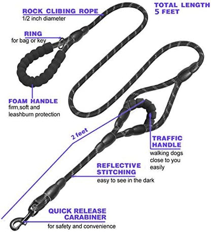 JSXD Heavy Duty Double Handle Dog Leash - 5 FT, Padded & Reflective, Rope for Small to Large Dogs (Black) - Image 2