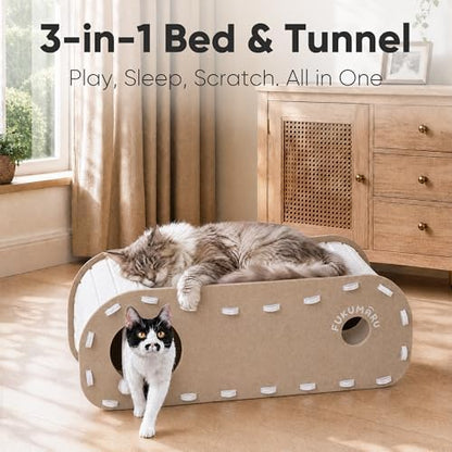 FUKUMARU Cat Bed Cave Tunnel, 31.5 Inch, Cat House Condo Indoor, Beige - Image 2