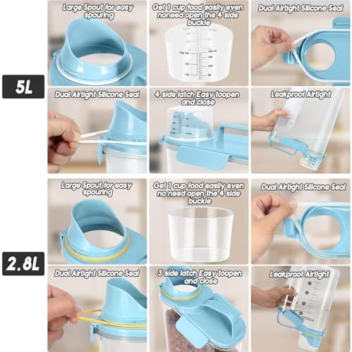 LEAWALK Dog Food Storage Container, Upgraded Large Nozzle BPA-free, 3+5 LBS Plastic Pet Food Storage Containers, With 4 Sealed Clasps, 1 Measuring Cup and Handle (Bright blue) - Image 3