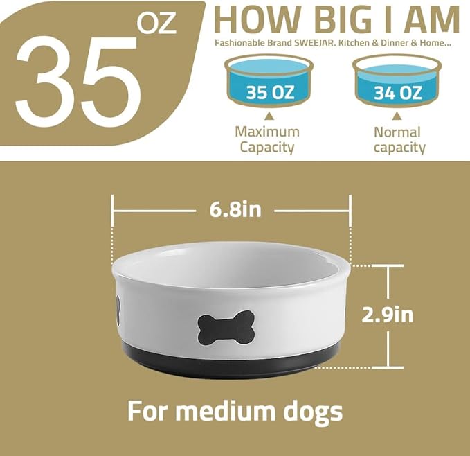 Sweejar Ceramic Dog Bowls with Bone Pattern, Dog Food Dish for Medium Dogs, Porcelain Pet Bowl for Water 35 Fl Oz (Gray)