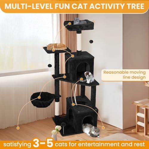 54-Inch Cat Tree Tower with 2 Caves & 2 Pompoms - Multi-Level Tower for Indoor Cats, Soft Plush Condo with Scratching Posts - Sturdy Base for Large Cats(Black) - Image 4