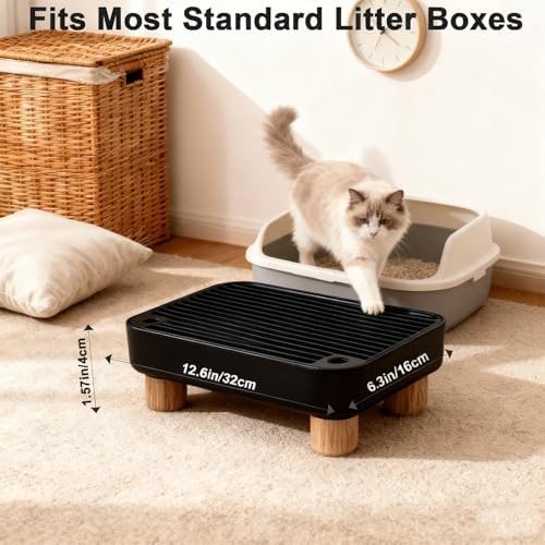 Litter Box Step, Litter Box Ramp/Catcher with Wooden Base，Pet Step Stool for Filter Function, Easy to Clean,Ideal for Kitten/Elderly Cats(Black) - Image 2