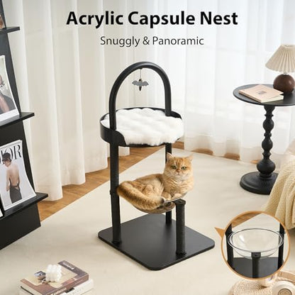 34" Modern Cat Tree Furniture for Indoor Small & Medium Cats, Minimalist Cat Tower with Scratching Posts, Wood Platforms, Capsule Perch, Stable Steel Frame & Washable Cushion, Classic Black - Image 3