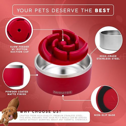 FAHRMOSIS 32 Oz Dog Bowl with Slow Feeder Insert Stainless Steel Pet Water Bowl for Medium & Large Breed Non Slip Rubber Base & Plastic Puzzle Feeder - Red - Image 2