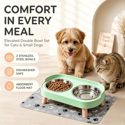 Elevated Dog Bowls with Mat, 2 Stainless Steel for Small Dogs Under 25 Lb - Image 2