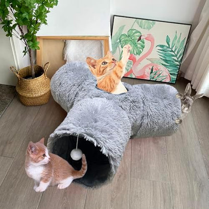 3-Way Collapsible Cat Tunnel Tube Toy Grey Plush - Image 4