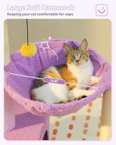 MUTTROS Purple Flower Cat Tree for Small Indoor Cats w/Large Metal Frame Hammock, 35" Cute Cat Tower with Sisal Scratching Posts, Cozy Condo with Cloud White Bed for Kittens - Image 4