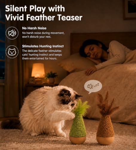 2-Pack Interactive Self-Righting Wobble Cat Toy with Feather, Fluffy Plush Wooden Tumbler for Bored Adult Indoor Cats Silent Self Play Cat Enrichment Toy, Green & Brown - Image 4