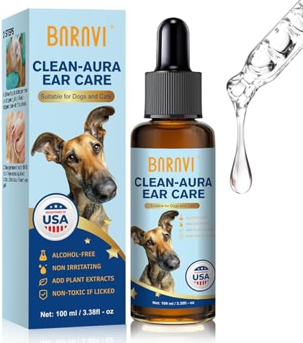 BARAVI Clean Aura Ear Cleaner Ear Drops for Dogs & Cats, 3.38 fl oz (100ml) Natural Gentle Formula, Soothe Itching, Remove Wax & Odor, Deep Clean Ear Canal for Pet Ear Care by BARAVI