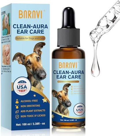BARAVI Clean Aura Ear Cleaner Ear Drops for Dogs & Cats, 3.38 fl oz (100ml) Natural Gentle Formula, Soothe Itching, Remove Wax & Odor, Deep Clean Ear Canal for Pet Ear Care by BARAVI