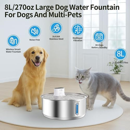 Wireless Dog Water Fountain, 2.1Gal/8L Battery Operated Stainless Steel Pet Water Fountain Motion Sensor Dog Water Bowl Large Cat Bowl Inside with 3 Filters and 2 Ultra Quiet Pumps - Image 2