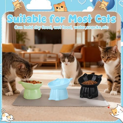 3 Pcs Elevated Cat Bowls 15°Raised Cat Food Bowl with Silicone Mat Green - Image 2
