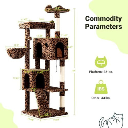 Allewie 64 Inches Cat Tree Tower/Multi-Level Activity Center for Indoor Big Felines/2 Plush Condos/2 Perchs/Basket/House/Sisal Scratching Posts/Hanging Cat Toys/Leopard Print - Image 3