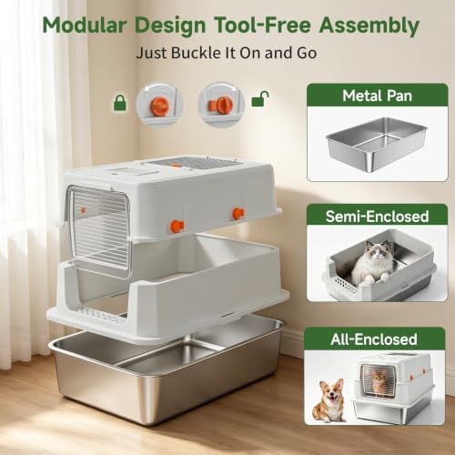 XL Enclosed Stainless Steel Litter Box with Lid, Light Gray - Image 7