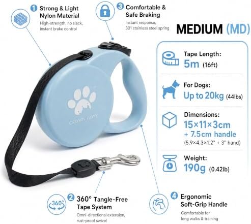 Chew Proof Retractable Dog Leash for Medium Dogs up to 44lbs, 16ft Heavy Duty Dog Lead with Anti-Chewing Steel Wire Rope, Tangle-Free, One-Hand Brake & Lock, Blue M - Image 4