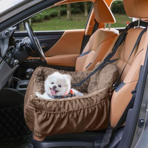 Oiilores Dog Car Seat for Small Dogs, Washable Pet Booster Seats with Clip-On Safety Leash, Comfy Deluxe Plush Carseat with Storage Pockets, Puppy Car Travel Carrier Bed for Dogs Under 25 lbs, Brown - Image 2