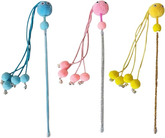 Cute Tassels Teaser Wand Toy with Pompoms&Small Bells Teaser Wand Interactive Toy Chasing Wand Toy Candy Color Interactive Toy for Indoor Cats Interactive Toy for Boring Indoor Adult