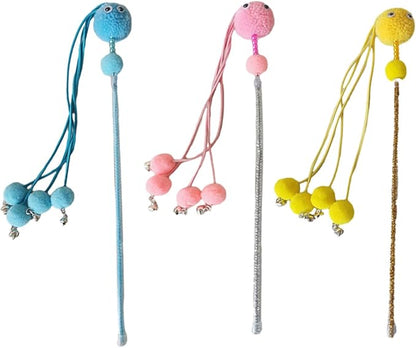 Cute Tassels Teaser Wand Toy with Pompoms&Small Bells Teaser Wand Interactive Toy Chasing Wand Toy Candy Color Interactive Toy for Indoor Cats Interactive Toy for Boring Indoor Adult