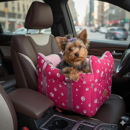 Dog Car Seat for Console - Memory Foam Pet Booster Seat for Small Medium Dogs Up to 21 lbs - SUV Truck Center Console Dog Seat with Safety Leash & Storage Pockets - Washable Cover (Large Rose Red)