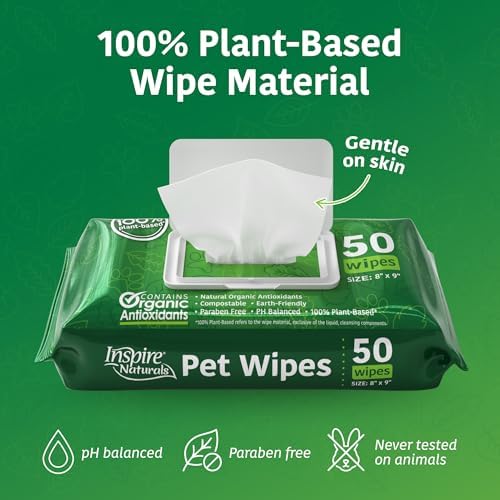 Inspire Naturals Pet Wipes for Dogs and Cats 100% Natural Plant Based with Organic Antioxidants, Dog Wipe Cleaning Deodorizing | Washcloths for Cats | Puppy Wipe for Paws and Butt (50ct - 1 Pack) - Image 5