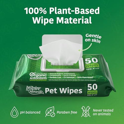 Inspire Naturals Pet Wipes for Dogs and Cats 100% Natural Plant Based with Organic Antioxidants, Dog Wipe Cleaning Deodorizing | Puppy Wipes | Dog Wipes for Paws and Butt (400ct - 8 Pack) - Image 2