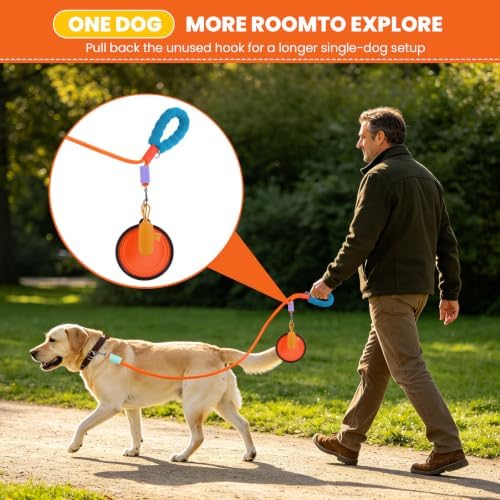 Double Dog Leash, Hands Free Dog Leash Set w/Sponge Handle, Adjustable 4.9-9.8ft for Walking Jogging Running Training, Multifunctional Handheld Crossbody Waist for Small Medium Dogs - Image 5