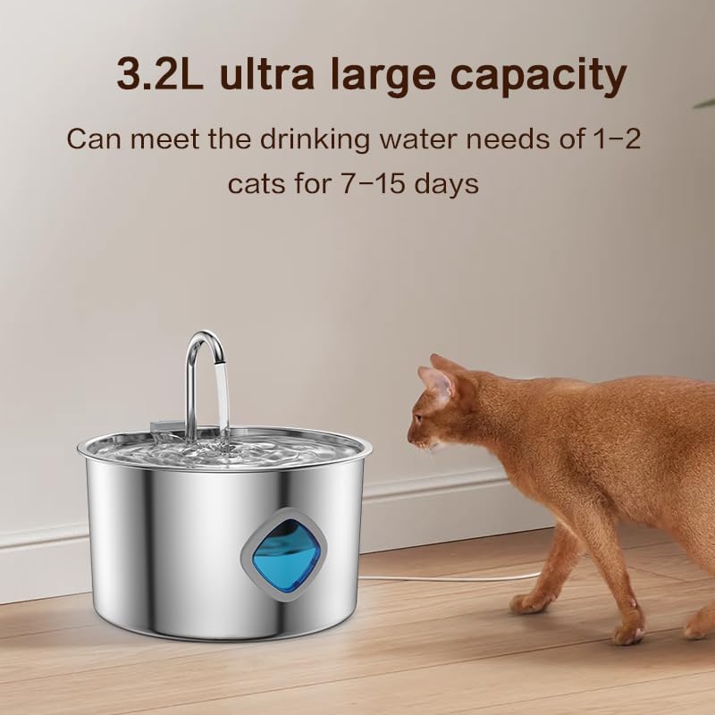 Cat Water Fountain Stainless Steel, 108oz/3.2L Automatic Pet Fountain with Multi-Filtration System, Ultra-Quiet Pump (<25dB), Water Level Window & Easy Clean - Image 6