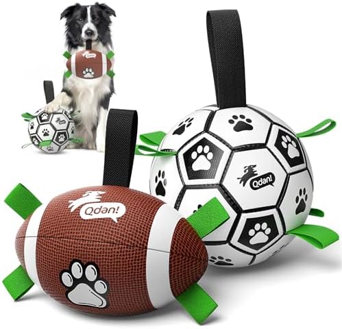 QDAN Dog Soccer Ball Football Set - 2 PCS Dog Balls with Strap for Tug of War, Soccer Ball Football Toys for Small Medium Large Dogs, Herding Ball for Dogs, Dog Birthday Toy by QDAN