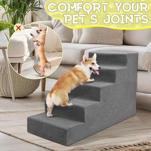 Niubya Dog Stairs for Small Dog and Cats,23”H Non-Slip Bottom Pet Steps for High Beds and Couch,Extra Wide High-Density Foam Pet Stairs Grey,5 Steps - Image 6