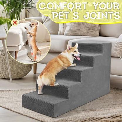 Niubya Dog Stairs for Small Dog and Cats,23”H Non-Slip Bottom Pet Steps for High Beds and Couch,Extra Wide High-Density Foam Pet Stairs Grey,5 Steps - Image 6