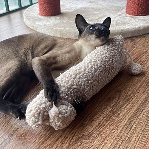 TTcat 14.6 Inch Large Curly Plush Pillow Cat Kicker Toy with Catnip Silvervine Powder, Soft Stuffed Cat Chew Toy with Tail, Interactive Toy for Indoor Cats and Kittens(Beige). - Image 5