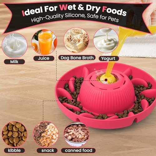 PUPPYGANG 2-in-1 Slow Feeder Dog Bowl & Dog Lick Bowl for Medium Large Dogs, Silicone Puzzle Feeder with Removable Lick Ball, Suction Base Bowl for Kibble, Wet Food, Yogurt & Peanut Butter (Red) - Image 2