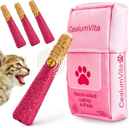 4 Pack Hand-Rolled Catnip Sticks with Chew Rope & Bell -Shaped Cat Toys for Indoor Cats and Kicker Toys, Teething Chew and Play Fun (Pink) by CealumVita