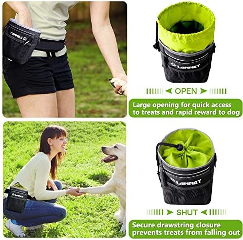 Dog Treat Pouch Pet Training Bag for Small to Large Dogs, Treat Tote Carry Kibble Snacks Toys for Training Reward Walking, Metal Clip, Waist belt, Shoulder Strap, Poop Bag Dispenser, Black with Green - Image 3