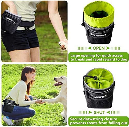 Dog Treat Pouch Pet Training Bag for Small to Large Dogs, Treat Tote Carry Kibble Snacks Toys for Training Reward Walking, Metal Clip, Waist belt, Shoulder Strap, Poop Bag Dispenser, Black with Green - Image 3