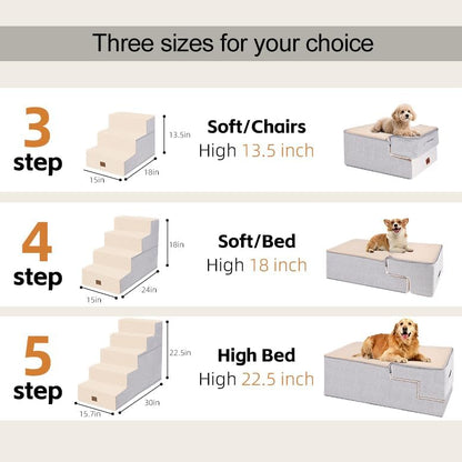 Dog Stairs for Small Dogs, 13.5" H, 3-Step Pet Steps for Bed Couch Sofa and Chair, Non-Slip Balanced Pet Ramp for Injured & Senior Pets with Washable Cover and Durable High Density Foam,Beige - Image 2