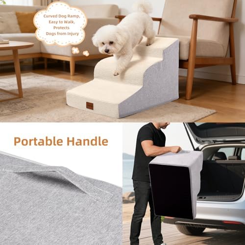 Dog Stairs for Small Dogs,15.7" H,3-Step Curved Pet Ramp for Bed Couch Sofa and Chair,Non-Slip Pet Steps for Injured & Senior Pets with Washable Cover and Durable High Density Foam,Beige - Image 5